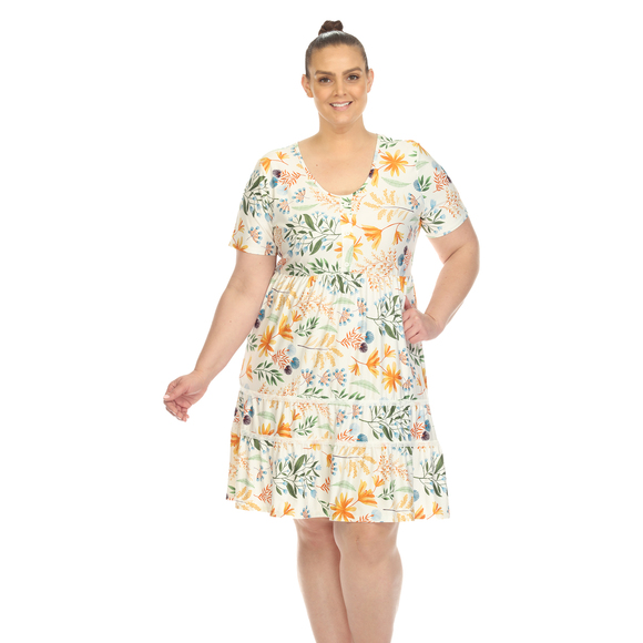 Plus Size Floral Short Sleeve Knee Length Dress - Picture 1 of 5